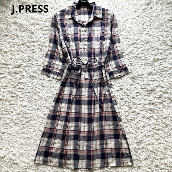 J.PRESS ジェイプレス チェックロングワンピース M 9号 ウエストベルト