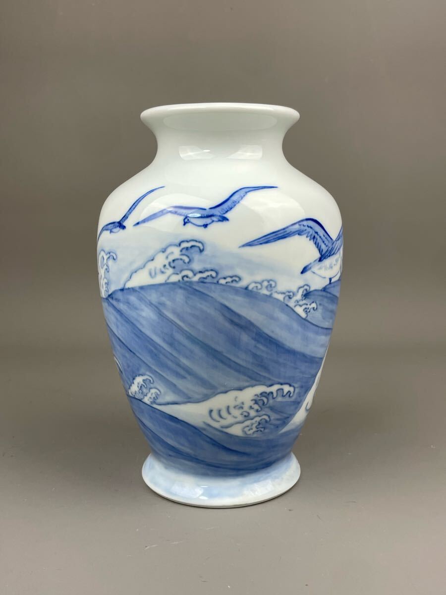 2741 三川内焼 染付唐子図 花瓶 昭和44年 陽山末太郎作