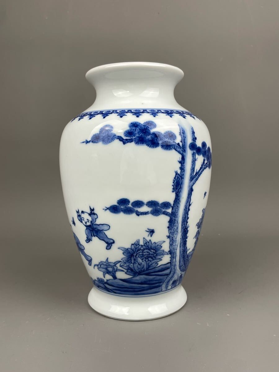 2741 三川内焼 染付唐子図 花瓶 昭和44年 陽山末太郎作