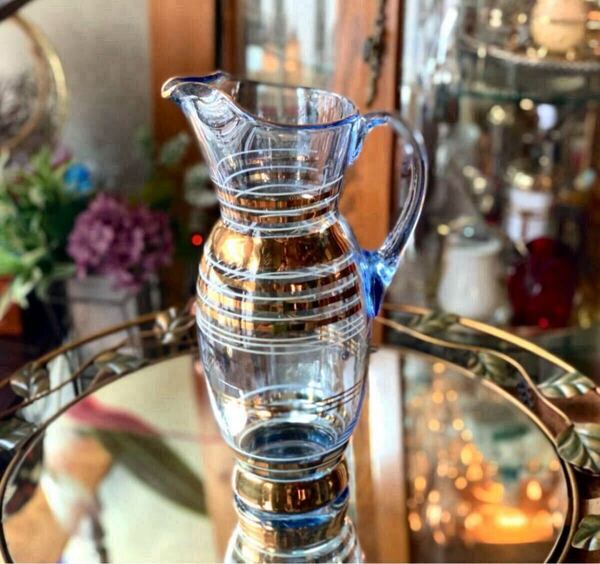 水差し 昭和レトロ ガラス 花瓶 ゴールド 青 ボーダー柄 ストライプ ディスプレイ ガーデニング 観葉植物 置物 フラワーベース
