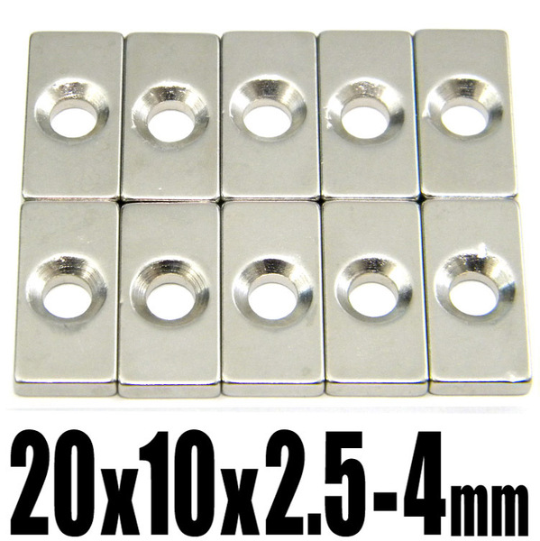 ★ 穴あき ネオジム 磁石 N35 超強力 角形マグネット ★ 20mm×10mm x 厚み2.5mm 皿穴4mm 【10個セット】