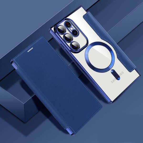 Galaxy S25 ultra レザーケース ギャラクシー s25 ウルトラ クリアケース SC-52F SCG32 カバー 透明 MagSafe充電 手帳型 ブルー