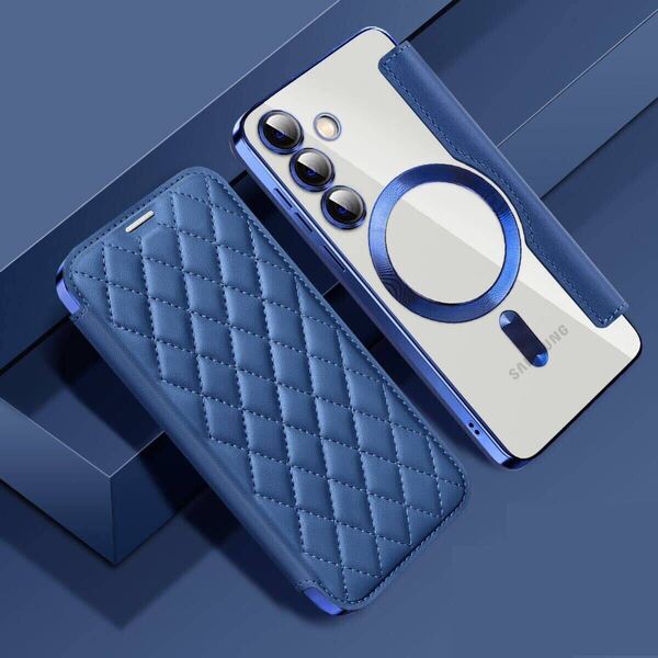 Galaxy S25 レザーケース ギャラクシー s25 キルティングケース galaxy s25 カバー SC-51F SCG31 クリア 透明 MagSafe充電 手帳型 ブルー