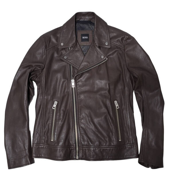 15万 新品 本物【BOSS HUGO BOSS ヒューゴ・ボス】 ラムスキン レザージャケット ライダース バイカージャケット 革ジャン【48】Dark Brown