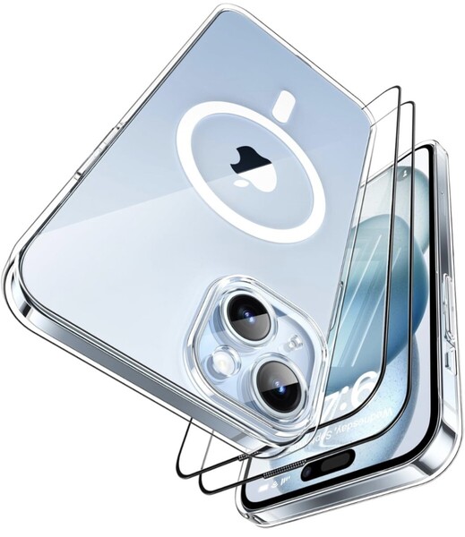MINSLIS iPhone 15 Plus スマホ ケースケース MagSafe対応 マグネット搭載 ワイヤレス充電 軽量 ガラスフィルム2枚付き 6.1インチ (クリア)