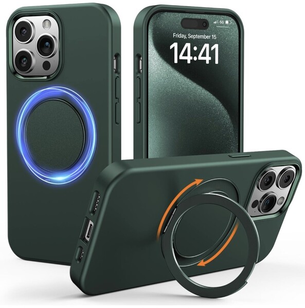 iPhone 15 Pro Max ケース【360°回転スタンドMagSafe対応】アイフォン15 Pro Max カバー スマホケース ワイヤレス充電 マット感 緑
