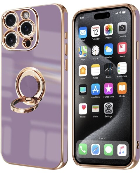 iPhone 15 Pro ケース リング付き リング カバー 全面保護 スマホケース TPU 耐衝撃 スタンド機能 擦り傷防止 6.1インチ(パープル)