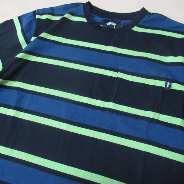 ★即決送込★STUSSY Tシャツ ボーダー しましま 蛍光 ポケT ポケット シンプル T-shirt Tee 半袖 ステューシー M l x skate surf 黒 black