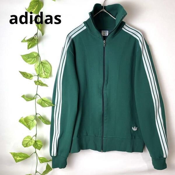 希少 西ドイツ製 adidas アディダス デサント製 トラックジャケット ジャージ トレフォイルロゴ 刺繍 グリーン 緑 ユニセックス 2号 S M