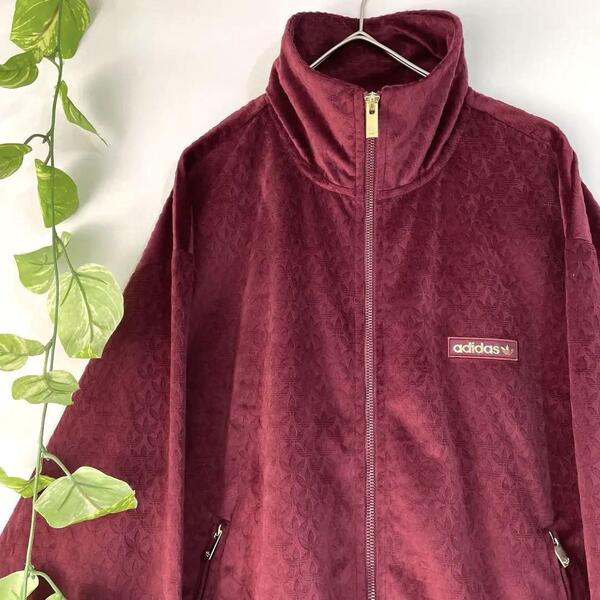 未使用級/XLサイズ★adidas アディダス モノグラム 総柄 トラックジャケット ジャージ バーガンティ ボルドー ワインレッド エンボス