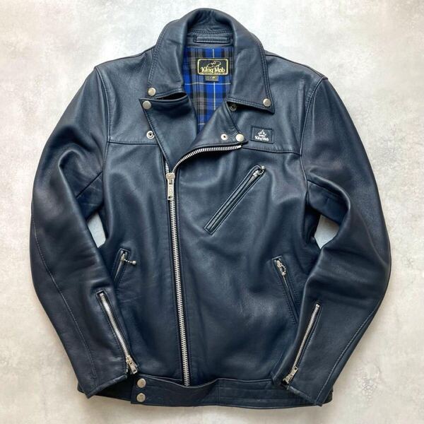 極美品 KING MOB 666 キングモブ 英国製 ダブルライダースジャケット レザージャケット 重厚ジップ ベルト チェック 本革 牛革 紺 ネイビー