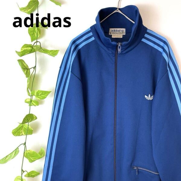 美品/Lサイズ/adidas アディダス 西ドイツ製 デサント 80s トラックジャケット ジャージ トレフォイルロゴ スリーライン ネイビー デサント
