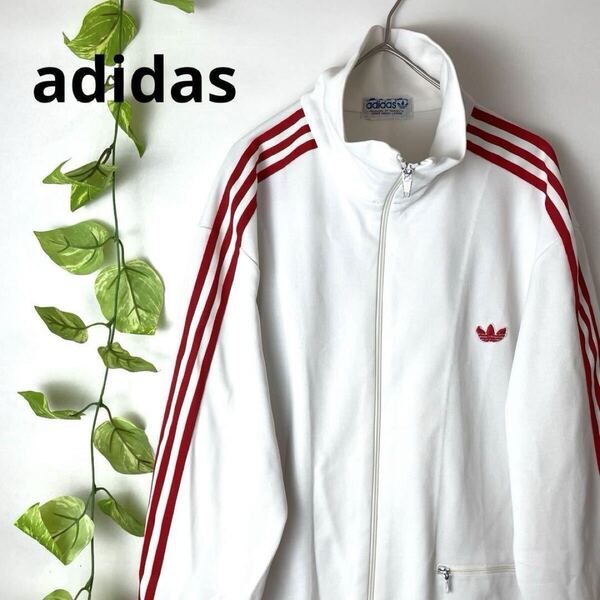 美品/80s西ドイツ製/Lサイズ相当/adidas アディダス トラックジャケット ジャージ 白赤ホワイトレッド 刺繍ロゴ デサント トレフォイルロゴ