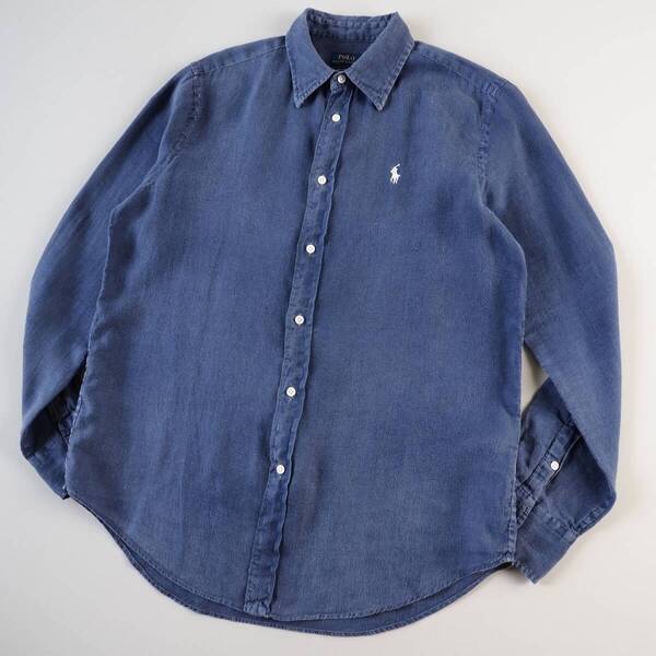 ラルフローレン Ralph Lauren 麻100% BDシャツ 長袖 ネイビー 白ポニー メンズ 美品
