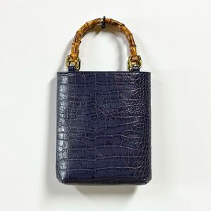 新品 ◆ 牛革クロコ型押しバンブー手提げ(小)紺 ◆竹手バッグ神輿祭り タケちゃんねる