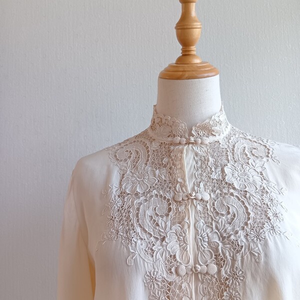 チャイナシャツ ブラウス 刺繍 シルク100% 花 ヴィンテージ