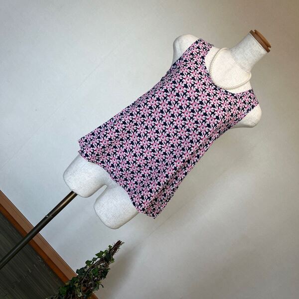 7-7新品 GLADYS グラディ 総花柄ノースリーブAラインチュニックカットソー プルオーバー裾フレアタンクトップ トップス 9号 M