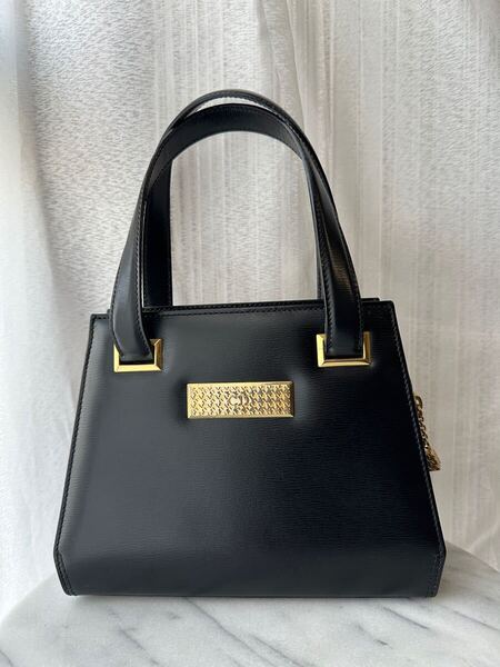 ヴィンテージ Dior 千鳥格柄 ミニ ハンドバッグ 黒×ゴールド 金具ロゴ