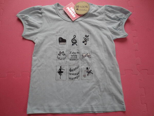 新品 130 音符柄 半袖Tシャツ 綿100% 水色 ラメ ピアノ 楽譜 リボン バレエシューズ ネコ バレリーナ 子供 女の子 夏物 120cm~ 送料無料