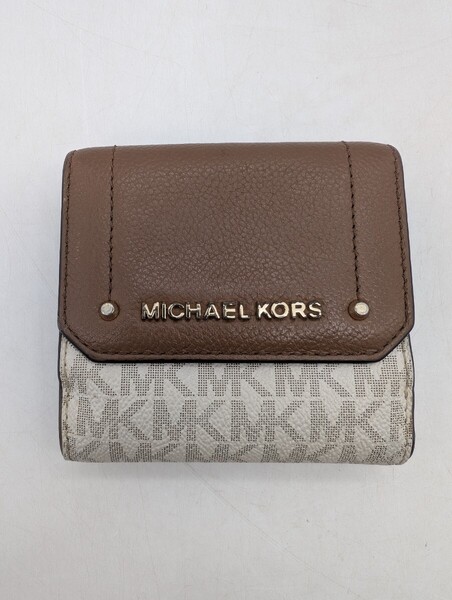 送料無料 マイケルコース 三つ折り財布 ミニ財布 折り財布 MICHAEL KORS 茶色×白色 ブラウン×ホワイト BROWN×WHITE モノグラム柄