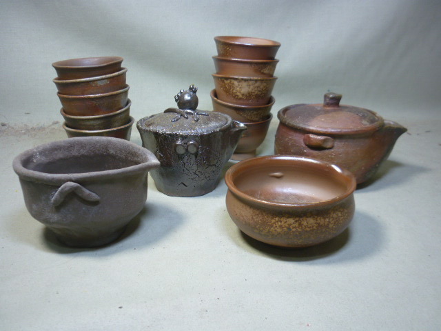 備前焼 茶器揃え 宝瓶 湯冷まし 茶碗 作家物 在銘 備前焼 備前手造り宝瓶 湯冷 煎茶碗 煎茶器揃 在銘 備前焼宝
