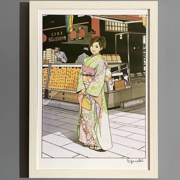 ■江口寿史■「仲見世通り 1999」/A4額装品/Weekly漫画アクション表紙/美少女のいる街風景/浅草/美人画/貴重イラスト/印刷物 G1370