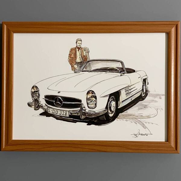 ■BOW/池田和弘■「Mercedes-Benz 300 SL 1986」/B5額装品/旧車/貴重イラスト/印刷物/インテリア G2932