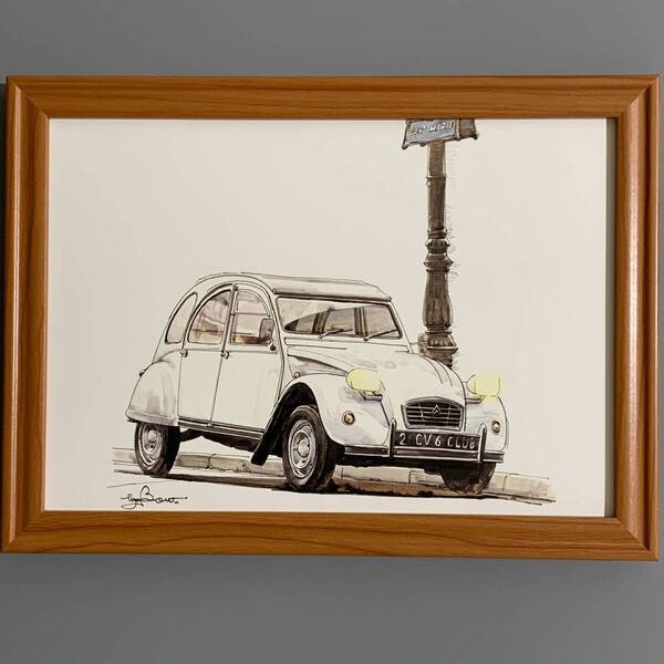 ■BOW/池田和弘■「Citroen 2CV6 Club 1987」/B5額装品/旧車/貴重イラスト/印刷物/インテリア G2934