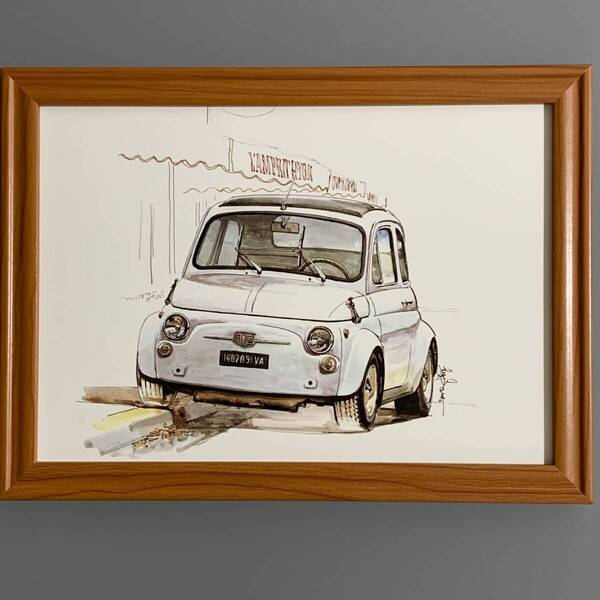 ■BOW/池田和弘■「Fiat 500L 1988」/B5額装品/旧車/貴重イラスト/印刷物/インテリア G2935