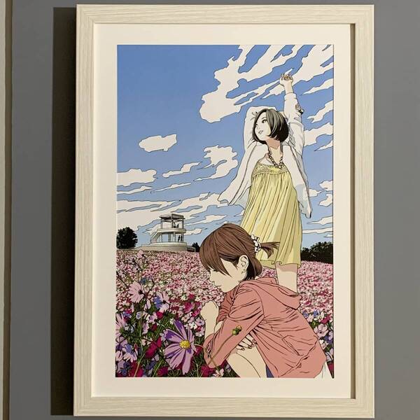 ■江口寿史■「水俣観光ポスター 2014」/A4額装品/熊本県水俣市/中尾山コスモス/美人画/貴重イラスト/印刷物/インテリア G2985