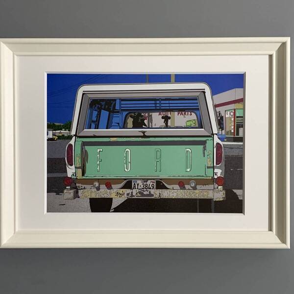 ■鈴木英人■「FORD PICK UP Ⅲ 1989」/A4マット額装品/スタンド付/フォード/アメ車/貴重イラスト/印刷物/インテリア G3022