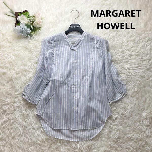 夏色 MARGARET HOWELL マーガレットハウエル バンドカラーストライプシャツ ブラウス 水色 ブルー 七分袖 洗える ウォッシャブル