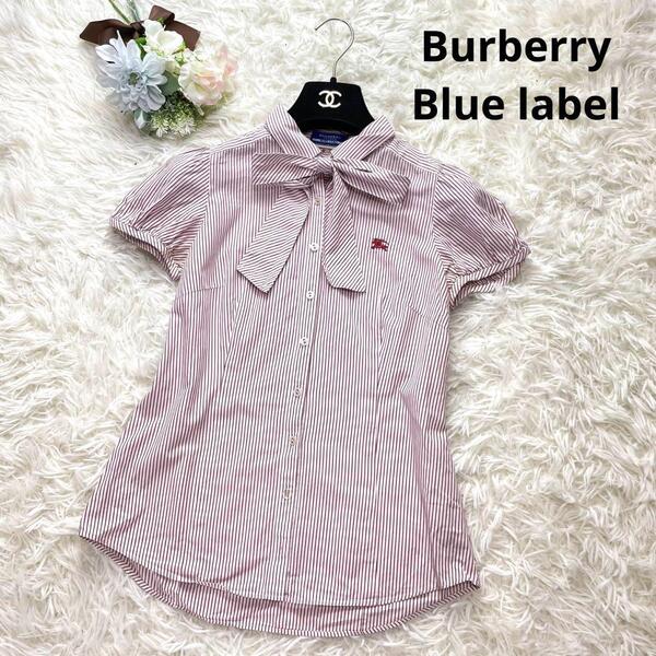 ホース刺繍 Burberry バーバリーブルーレーベル ボウタイブラウス シャツ ストライプ 総柄 半袖 赤 36 リボン 胸ロゴ 夏 美シルエット