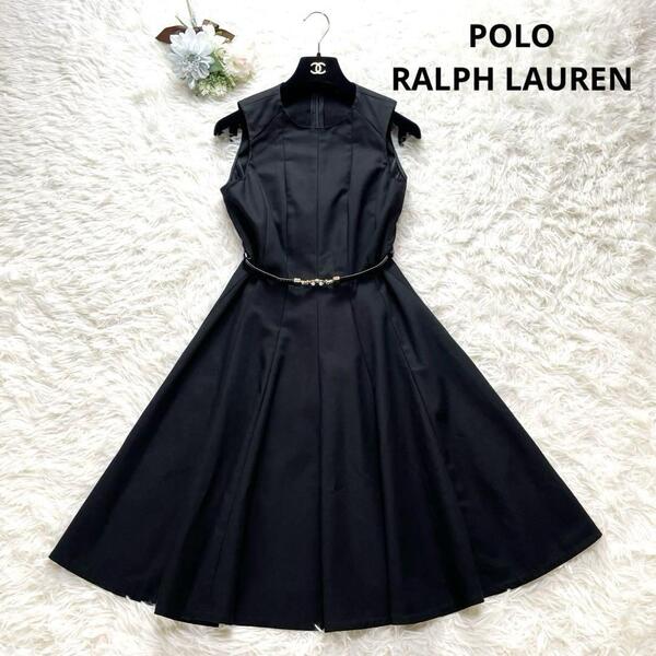 美シルエット POLO RALPH LAUREN ポロラルフローレン ワンピース ベルト 黒 4 M フォーマル Aライン 美シルエット フォーマル 細見え