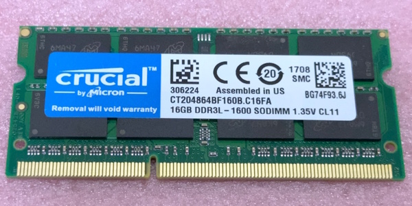 ☆Crucial CT204864BF160B *PC3L-12800S/DDR3L-1600 Micronチップ 204Pin DDR3 SO-DIMM 16GB 動作品
