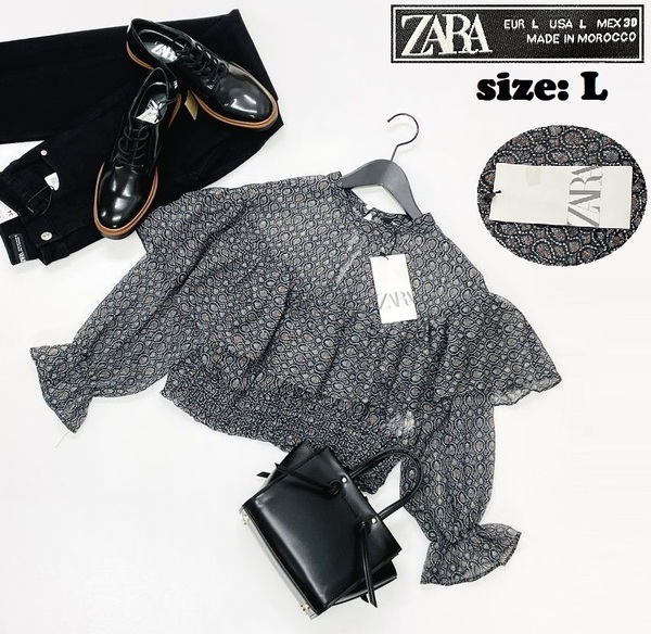 ZARA /L/ ブラック系 シアーブラウス 長袖トップス レディース タグ付き カジュアル 通勤 ゴールド大人可愛い生地 ガーリー デイリー ザラ