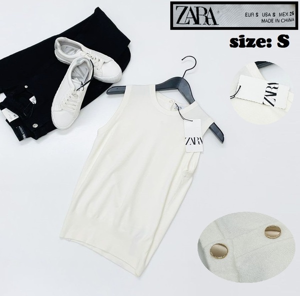 ZARA /S/ ホワイト ノースリーブニット レディース タグ付き カジュアルトップス大人可愛い ゴールドボタン生地ナイロン混 ストレッチ ザラ