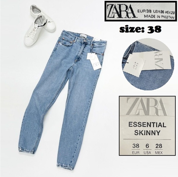 ZARA /38/ ブルー ダメージスキニーデニムパンツ ジーンズ レディース タグ付き バイクオートバイ キャンプアウトドア 生地コットン混 ザラ