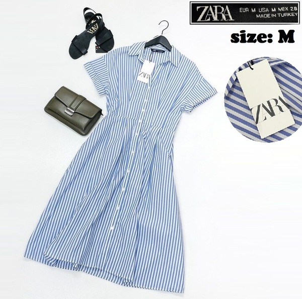 ZARA /M/ ストライプシャツワンピース 半袖ドレス ブルー ホワイト レディース タグ付き カジュアル 大人可愛い生地コットン デイリー ザラ