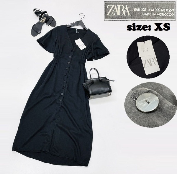 ZARA /XS/ ブラック シャツワンピース 半袖ドレス レディース タグ付き カジュアル 通勤フェミニン 大人可愛い生地 ガーリー デイリー ザラ