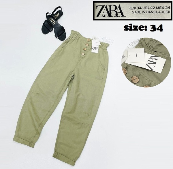 ZARA /34/ グリーン バギーペーパーバッグパンツ レディース タグ付き カジュアル アウトドア キャンプ 大人可愛いコットンリネン生地 ザラ