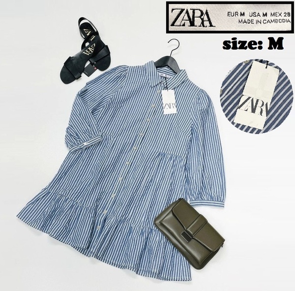 ZARA /M/ ストライプ シャツワンピース ドレス ブルーホワイト レディースタグ付きカジュアル大人可愛い生地コットンガーリーデイリー ザラ