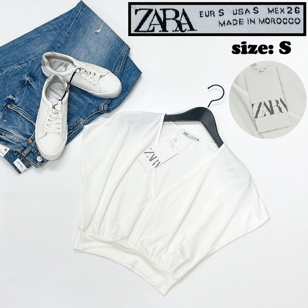 ZARA /S/ ホワイト ブラウス Vネックトップス レディース タグ付き カジュアル 通勤 フェミニン 大人可愛い生地ストレッチ デイリー ザラ