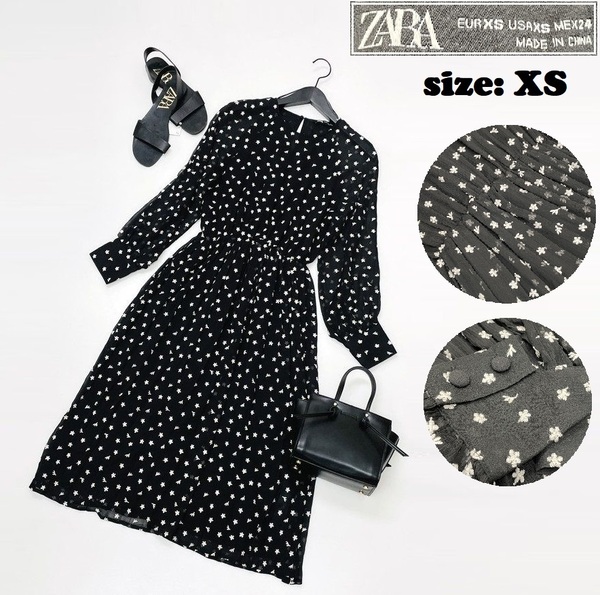 ZARA /XS/ ブラック ワンピース ロングドレス 花柄ホワイト刺繍 レディース カジュアル 通勤 フェミニン 大人可愛い生地コットン混 ザラ
