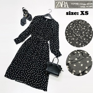 ZARA /XS/ ブラック ワンピース ロングドレス 花柄ホワイト刺繍 レディース カジュアル 通勤 フェミニン 大人可愛い生地コットン混 ザラ