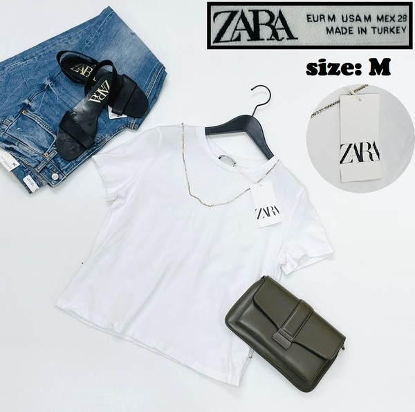 ZARA /M/ ホワイト 半袖Tシャツ トップス レディース タグ付き カジュアル 通勤 大人可愛いアクセサリー 生地 コットン デイリー 春夏 ザラ