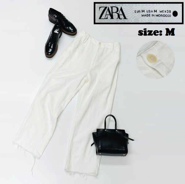 ZARA【M】ホワイト系 ワイドパンツ レディース カジュアル カットオフボトム 通勤 大人可愛い生地コットン リネン 麻 ゴム デイリー ザラ