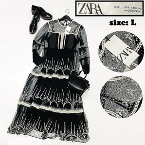 ZARA /L/ ブラック ロングワンピース 長袖ドレス ホワイト刺繍 レディース タグ付き カジュアルフェミニン 大人可愛い生地 ガーリー ザラ
