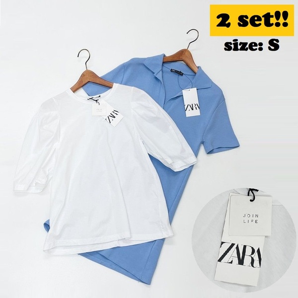 2セットまとめ売り ZARA【S】ホワイト カットソー トップス ブルー ワンピース 半袖ドレス タグ付き カジュアル 通勤 生地コットン混 ザラ