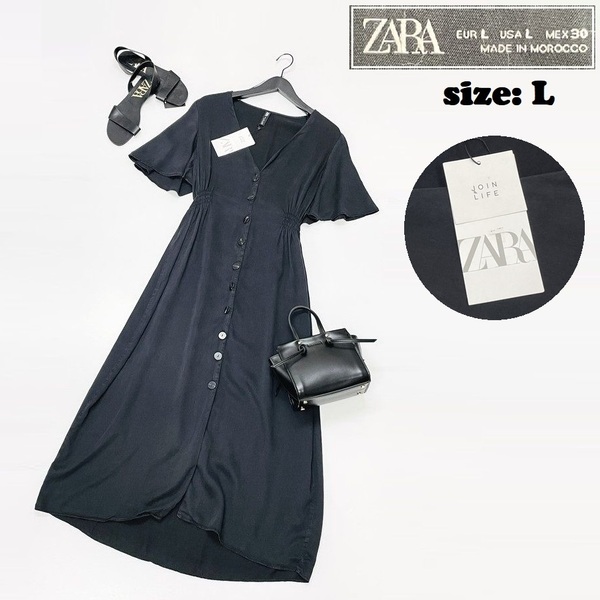 ZARA /L/ ブラック シャツワンピース 半袖ドレス レディース タグ付き カジュアル 通勤 フェミニン 大人可愛い生地 ガーリー デイリー ザラ